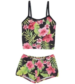 Girls' Hibiscus Black Surf Bottom Two Piece Tankini Set (Toddler, Little Kid, Big Kid)