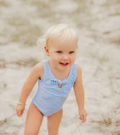 Girls' Powder Blue Sustainable Stripe Bow Swimsuit (Baby, Toddler) -Outlet Tide Wisp Store 7217023582376 blue 3a