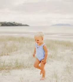 Girls' Powder Blue Sustainable Stripe Bow Swimsuit (Baby, Toddler) -Outlet Tide Wisp Store 7217023582376 blue 4a