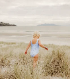 Girls' Powder Blue Sustainable Stripe Bow Swimsuit (Baby, Toddler) -Outlet Tide Wisp Store 7217023582376 blue 5a