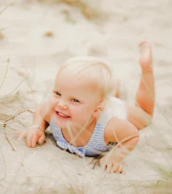 Girls' Powder Blue Sustainable Stripe Bow Swimsuit (Baby, Toddler) -Outlet Tide Wisp Store 7217023582376 blue 7a