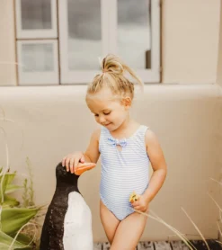 Girls' Powder Blue Sustainable Stripe Bow Swimsuit (Baby, Toddler) -Outlet Tide Wisp Store 7217023582376 blue 8a