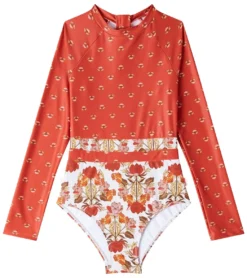 Seafolly Girls' Papillon Splice Long Sleeve One Piece Swimsuit (Big Kid)